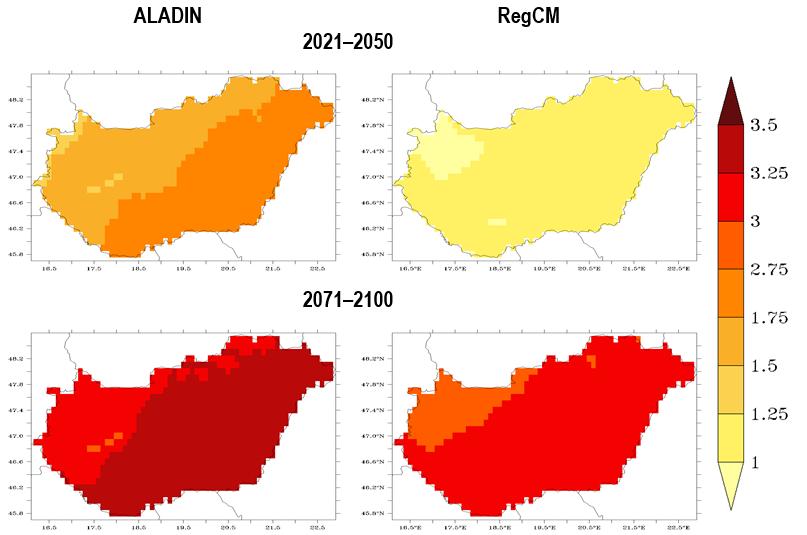 Modelladatok hibájának figyelembevétele Átlaghőmérséklet változása [ o C] Változás 2021 2050-re, 2071 2100-ra a modellek 1961 1990