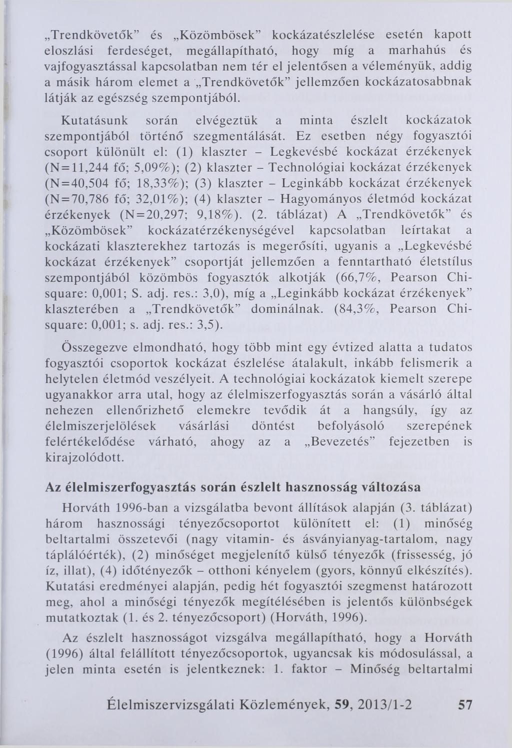 Trendkövetők és Közömbösek kockázatészlelése esetén kapott eloszlási ferdeséget, megállapítható, hogy míg a marhahús és vajfogyasztással kapcsolatban nem tér el jelentősen a véleményük, addig a másik