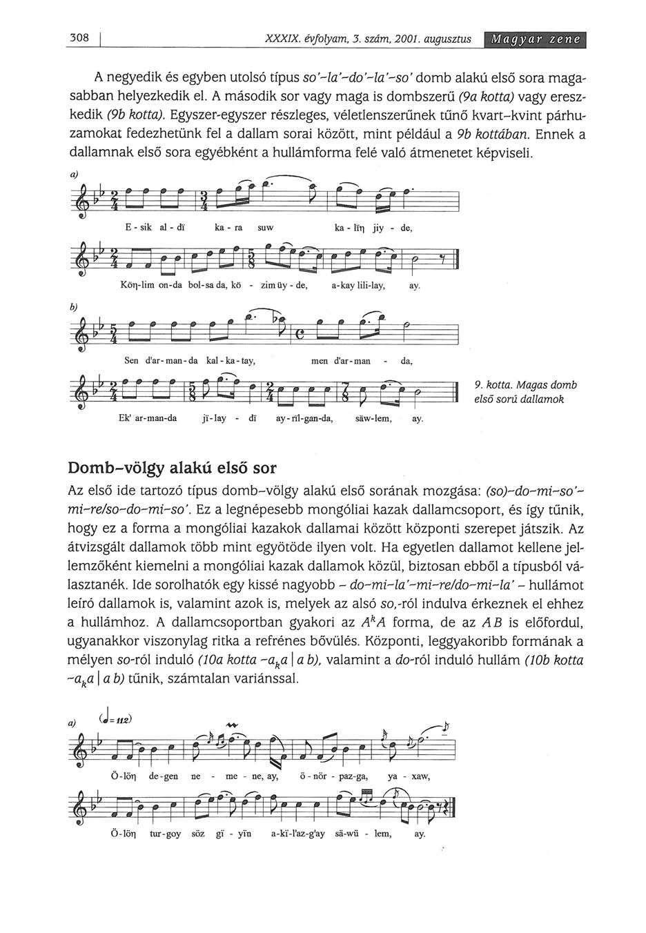 308 XXXIX. évfolyam. 3. szám, 2001. augusztus Magyar zene A negyedik és egyben utolsó típus so '-la '-do '-la 'so 'domb alakú első sora magasabban helyezkedik el.