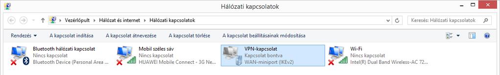 A Windows létrehozza a VPN kapcsolatot. A kapcsolat létrejön. Ezt ellenőrizhetjük a Hálózati kapcsolatok alatt.