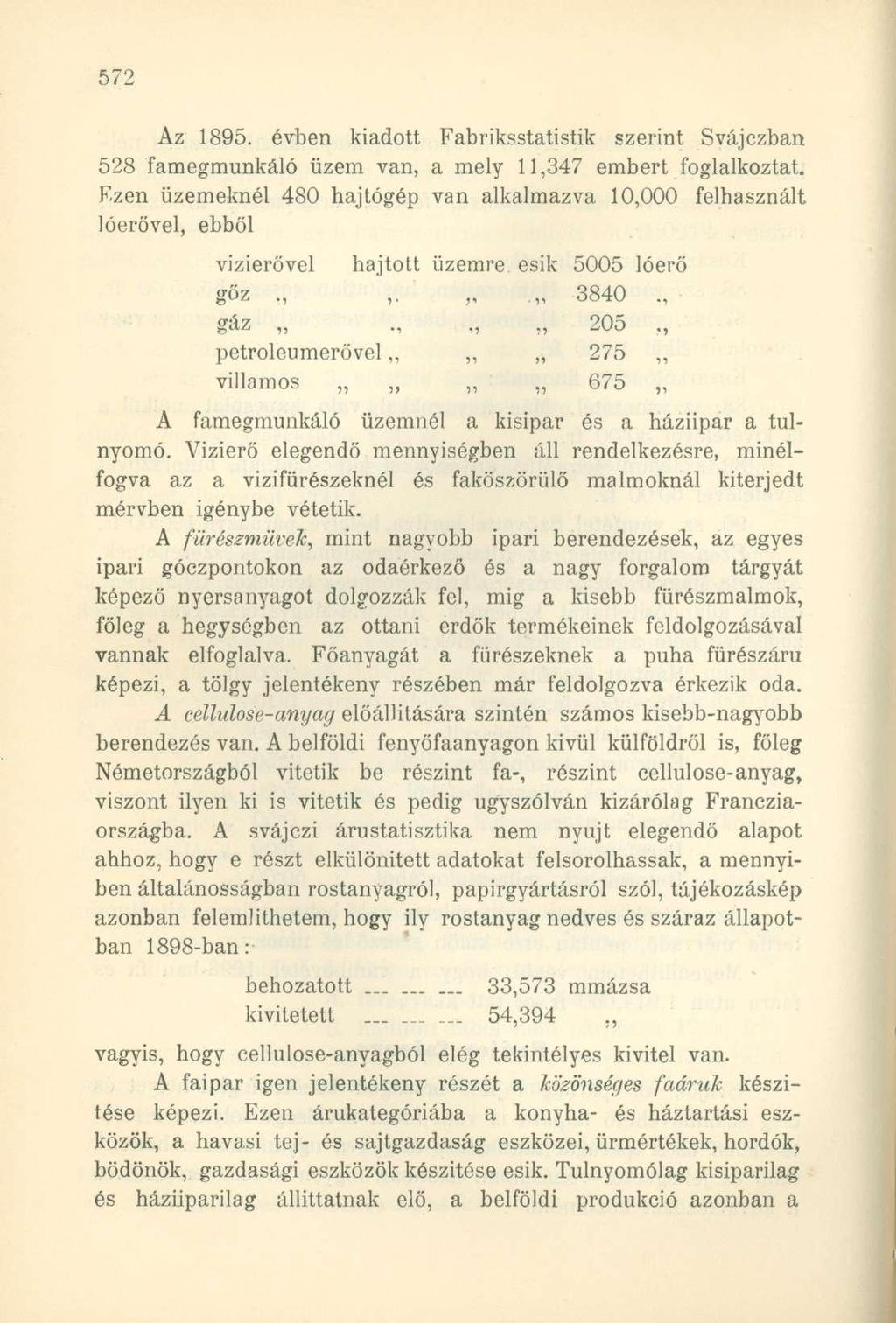 Az 1895. évben kiadott Fabriksstatistik szerint Svájczban 528 famegmunkáló üzem van, a mely 11,347 embert foglalkoztat.
