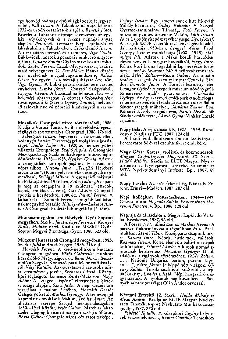 egy honvéd hadnagy első világháborús feljegyzéseiből, Páll István: A Taktaköz néprajzi képe az 1772-es úrbéri összeírások alapján, Bencsik János: Kísérlet a Taktaköz néprajzi elemzésére az egyházi