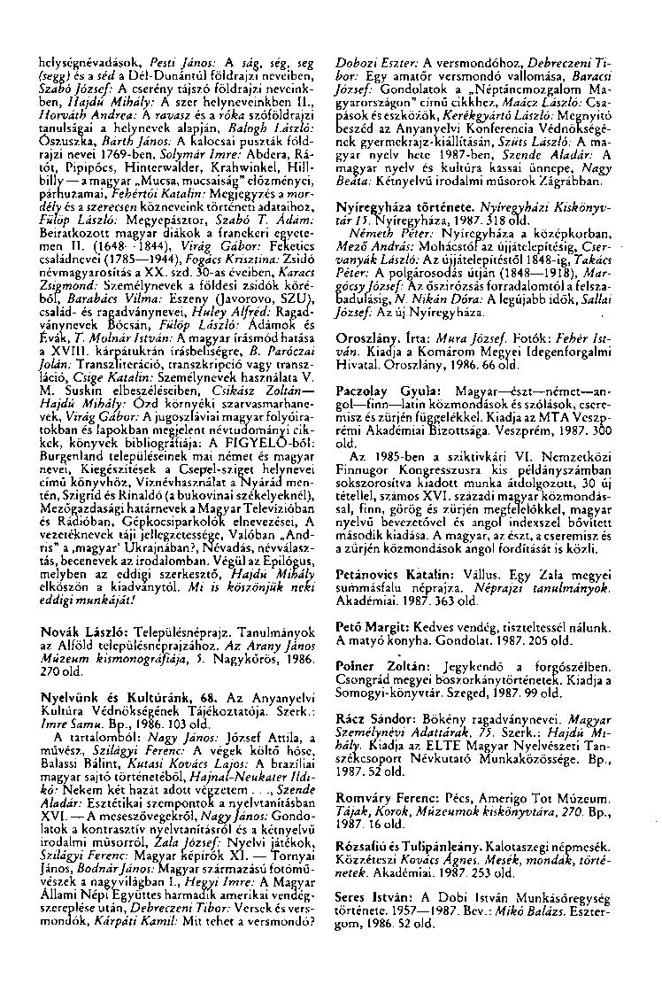 helységnévadások, Pesti János: A ság, ség, seg (segg) és a séd a Dél-Dunántúl földrajzi neveiben, Szabó József: A cserény tájszó földrajzi neveinkben, Hajdú Mihály: A szer helyneveinkben II.