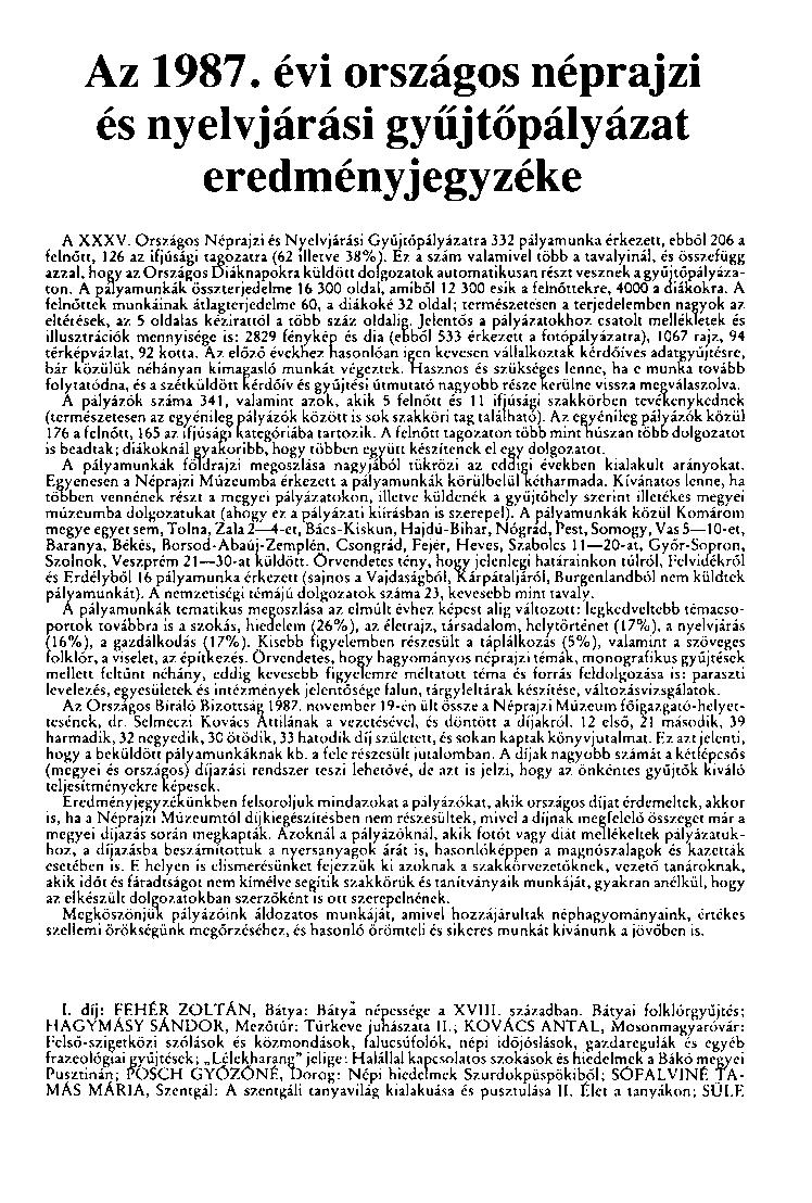 Az 1987. évi országos néprajzi és nyelvjárási gyűjtőpályázat eredményjegyzéke A XXXV.