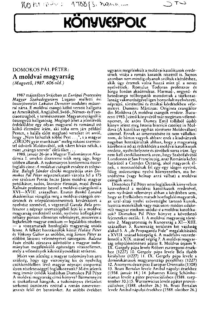 Könwgpoic i.i. DOMOKOS PÁL PÉTER: A moldvai magyarság (Magvető, 1987. 606 old.