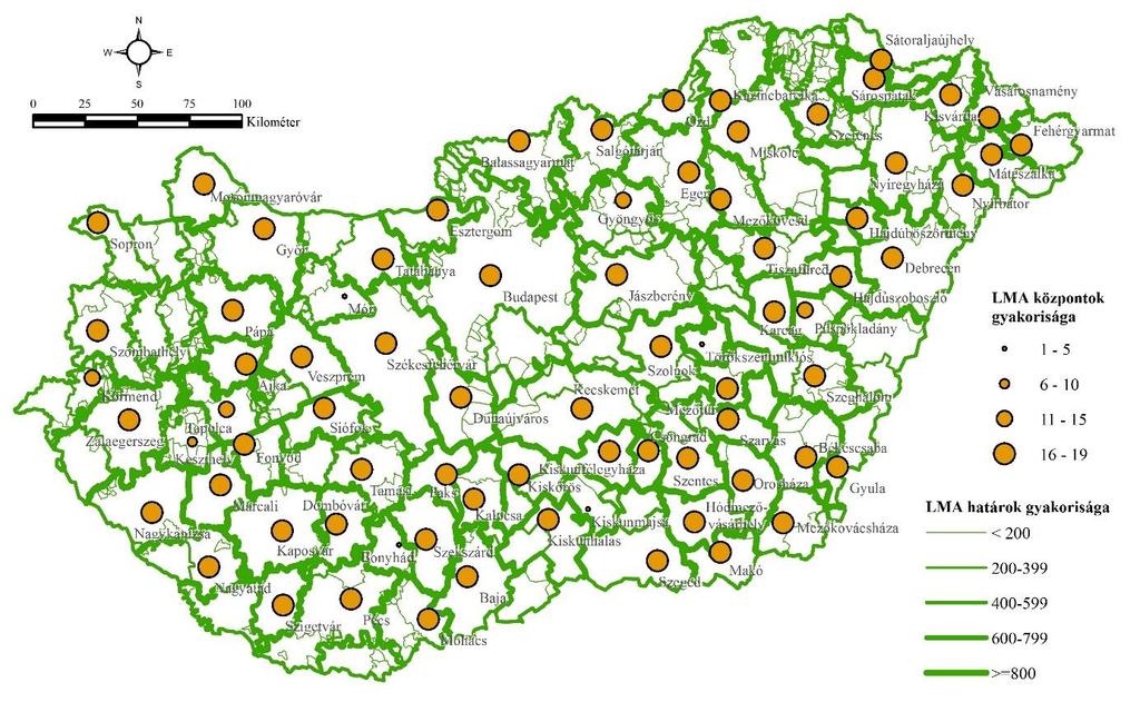 Az LMA központok gyakorisága a többváltozós módszerek alapján történt szűkítések alapján (N=19) és az LMA határok