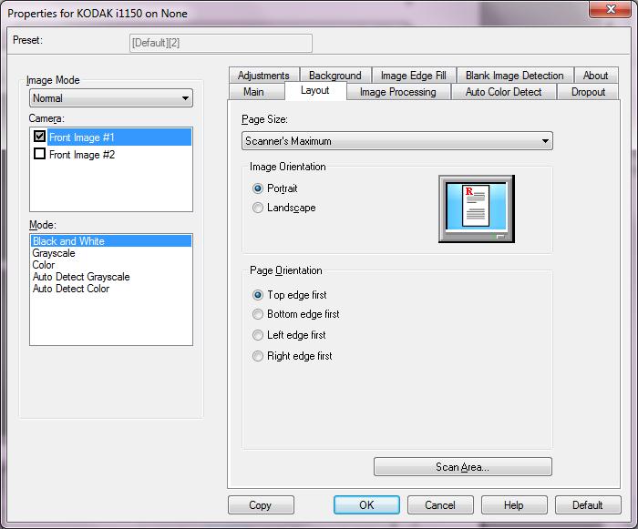 Elrendezés lap Az Elrendezés lapon láthatók ezek a beállítások. Oldalméret a szkenner első kiválasztásakor az alapértelmezett oldalméret lesz beállítva.
