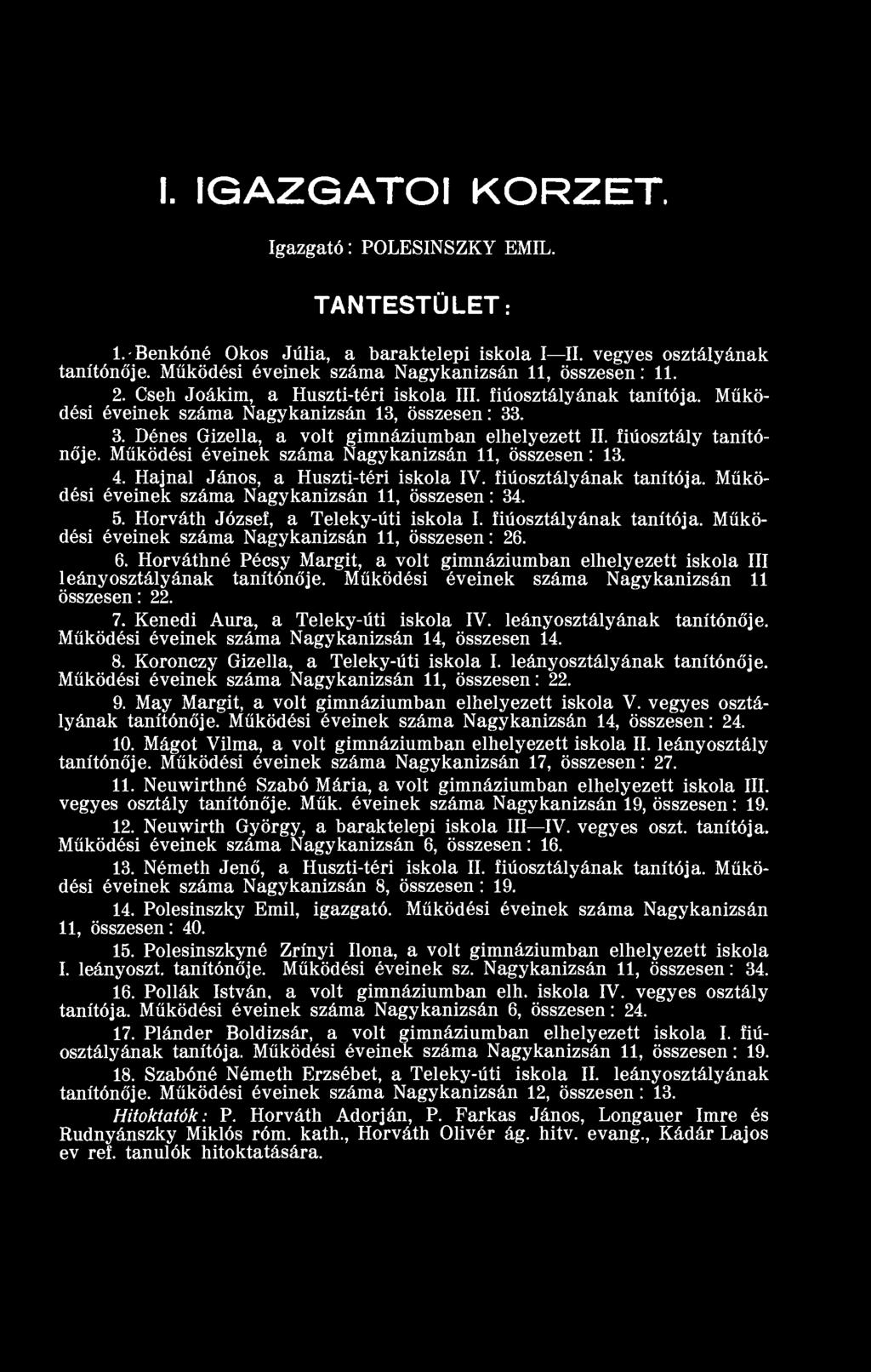Működési éveinek száma Nagykanizsán 11, összesen: 13. 4. Hajnal János, a Huszti-téri iskola IV. fiúosztályának tanítója. Működési éveinek száma Nagykanizsán 11, összesen: 34. 5.