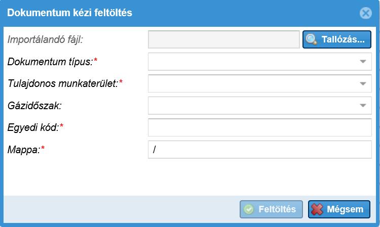 Az összes csillagozott mező kitöltése után elérhetővé válik a Feltöltés gomb, melyre kattintva importálódnak az adatok a rendszerbe.