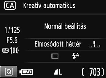 C Kreatív automatikus fényképezés Záridő Rekesz ISO-érzékenység (3) (1) (2) (4) Akkumulátor töltöttségi szintje Képrögzítési minőség Készíthető képek száma Ha megnyomja a <Q> gombot, a következőket