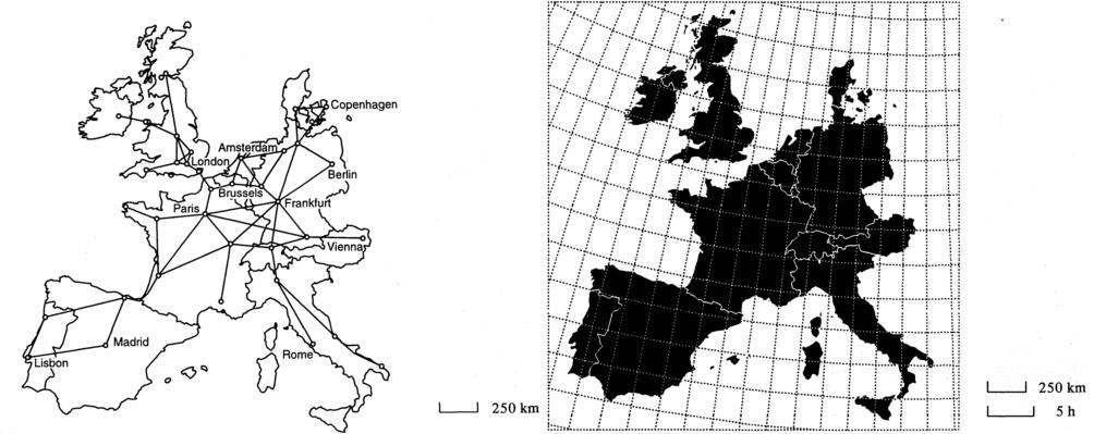 figyelembe, amelyek között az adott hálózatban közvetlen összeköttetés van (pl. Spiekermann és Wegener, 1994; Shimizu és Inoue, 2003; Shimizu és Inoue, 2009; Kaiser és Walsh, 2010). 1.8. ábra.