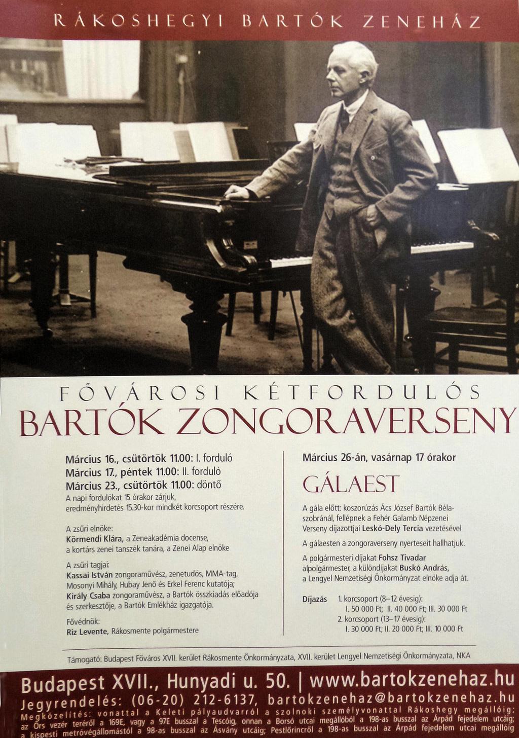 BARTÓK ZONGORAVERSENY GÁLÁJA A BARTÓK ZENEHÁZBAN Hosszú évek óta hagyomány a Rákoshegyi Bartók Zeneházban, hogy egy fővárosi kétfordulós zongoraversennyel tisztelegnek a zeneszerző emléke, a bartóki