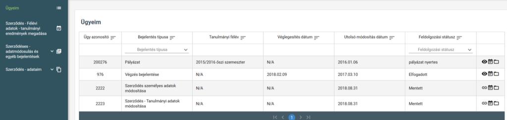 Itt az Ösztöndíjas megtekintheti a pályázata adatait, valamint adatmódosítási kéréseit, bejelentéseit, féléves