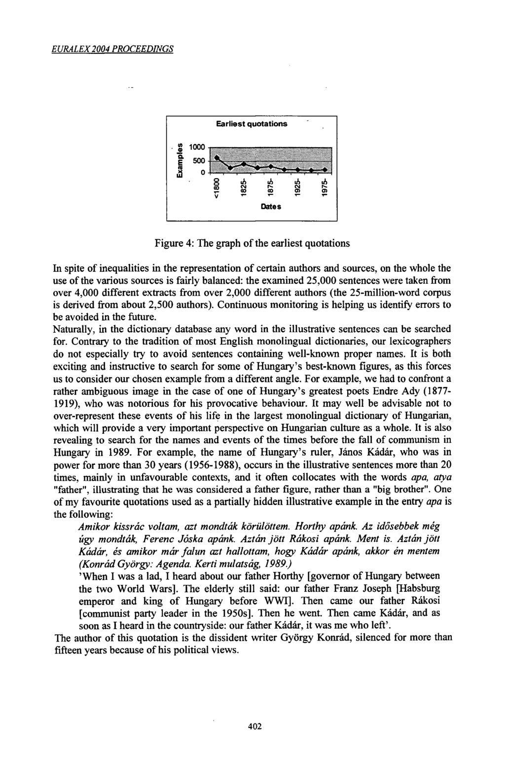 EURALEX2004 PROCEEDINGS Earliest quotations 1000 i ' E n i 500 V " "T I * *"~"* -» J> J> ŕ- ) Dates Figure 4: The graph ofthe earliest quotations hi spite of inequalities in the representation of
