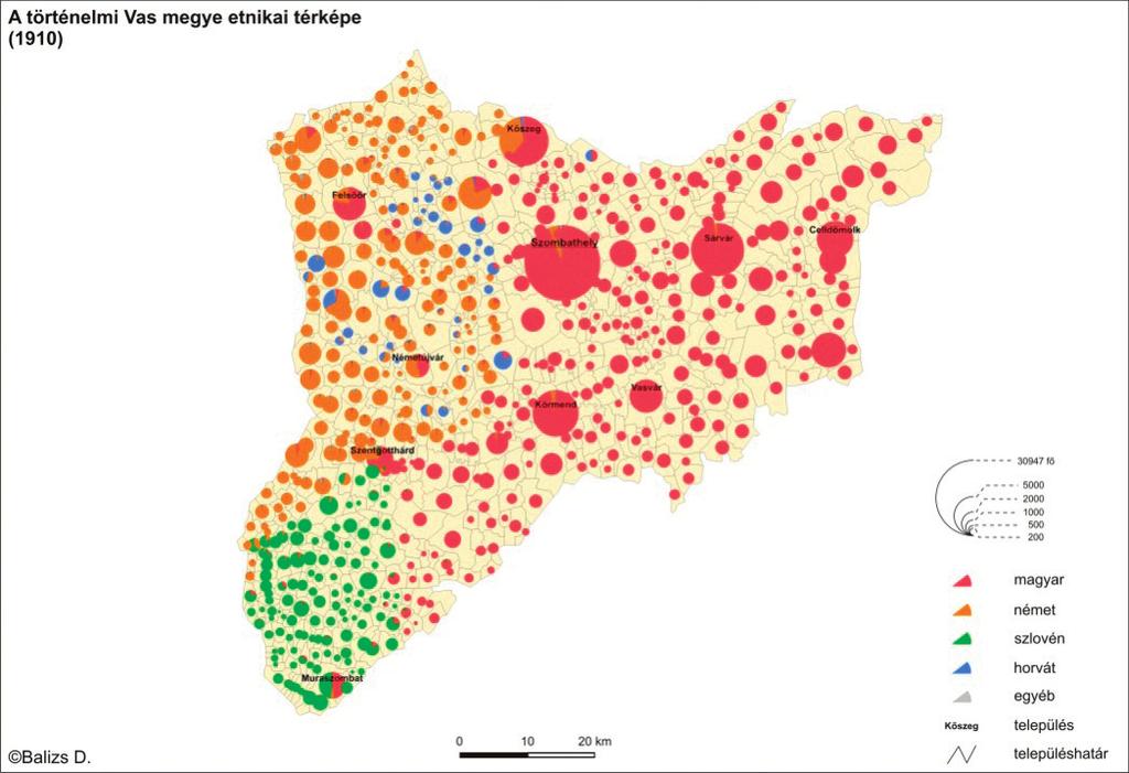 F O R R Á S BAlIZS DánIEl: VAS MEgyE nemzetiségei 1. ábra: A történelmi Vas megye etnikai térstruktúrája 1910-ben. Forrás: az 1910.