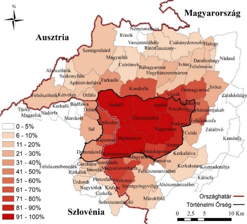 2. ábra: Interjúalanyok által Őrségként megjelölt települések a történelmi Őrség határaival A történelmi Őrséget kettészelő államhatár az interjúalanyokat is megosztja az Őrség határairól alkotott