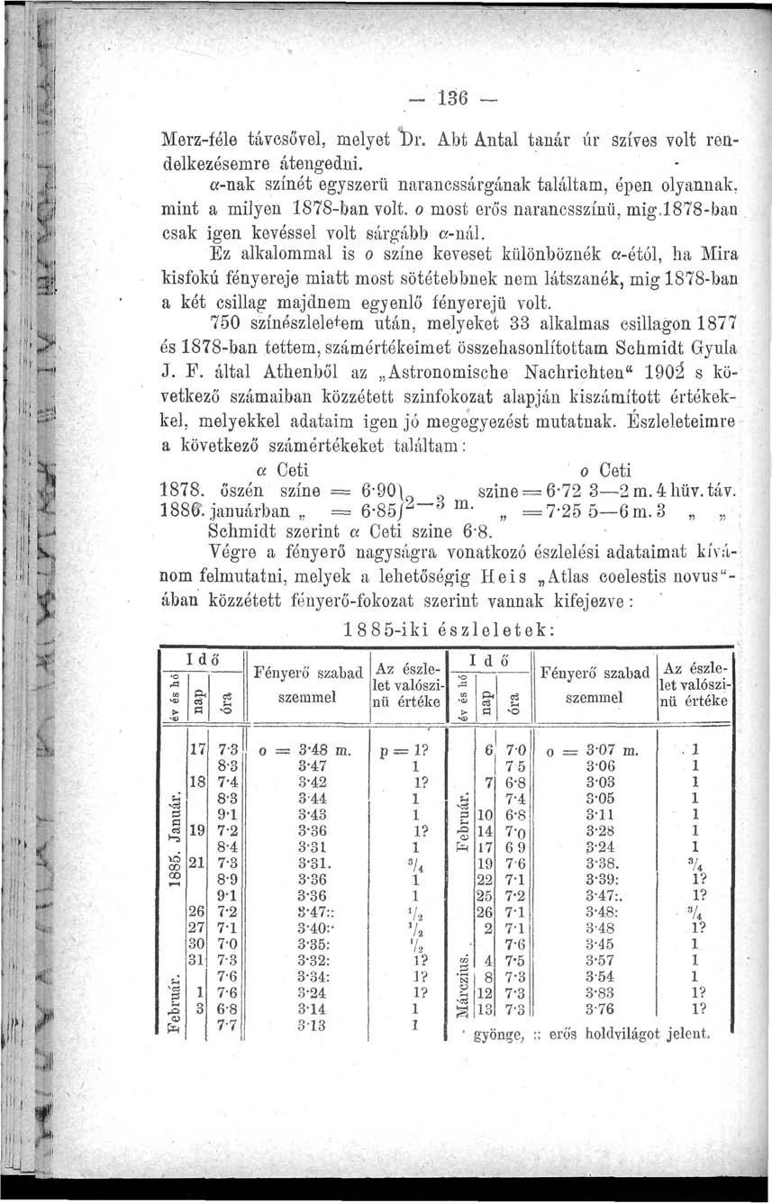 - 36 - Merz-féle távcsővel, melyet Dr. Abt Antal tanár úr szíves volt rendelkezésemre átengedni. a-nak színét egyszerű narancssárgának találtam, épen olyannak, mint a milyen 878-ban volt.