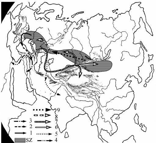 15. ábra. 1.: Kurgán harciszekér J. e. 4000 körül. Belőlük lesz aztán a Mükénéi királyság. 2. Harci szekér Anatóliában, J. e. 3900 körül. Kései utódaik a hettiták.3. Harci szekér a Zagroszba.