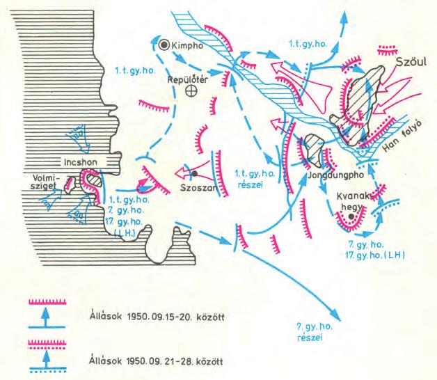 Tanulmányok 12. ábra. Visszavonulóban az 1. tengerészgyalogos hadosztály állománya és egy M26 harckocsi a hóban (Fotó: Horváth Balázs gyűjteményéből) 11. ábra. Az inchoni partraszállás műveletei amíg lecsillapodott a csatatér és a manőverezést az is nehezítette, hogy néhány harckocsi a terepviszonyok miatt elhagyta a lánctalpát.