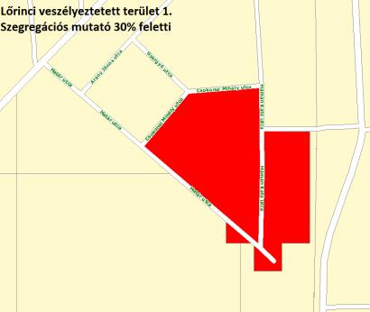 41. térkép: Az 1. számú veszélyeztetett terület térképe (2011) Forrás: 2011. évi népszámlálás, KSH. A területen található lakások száma 34db, ennek 20,6%-a alacsony komfort fokozatú.