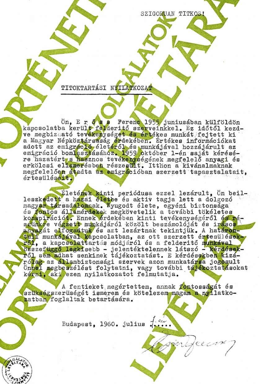 Gyömbér titoktartási nyilatkozata 1960-ban 1961 végén a Külügyminisztérium megrendelésére a
