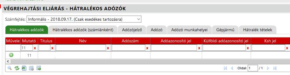 informális számfejtés indítása a pontos adatok megjelenítése érdekében. A Hátralékos adózók tábla több szempont szerint szűrhető.