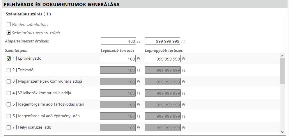 szűrésre, illetve számlánként értékhatár megadásával ez alapján további szűrések elvégzésére: Alapértelmezetten a Minden számlatípus lehetőség kerül beállításra.