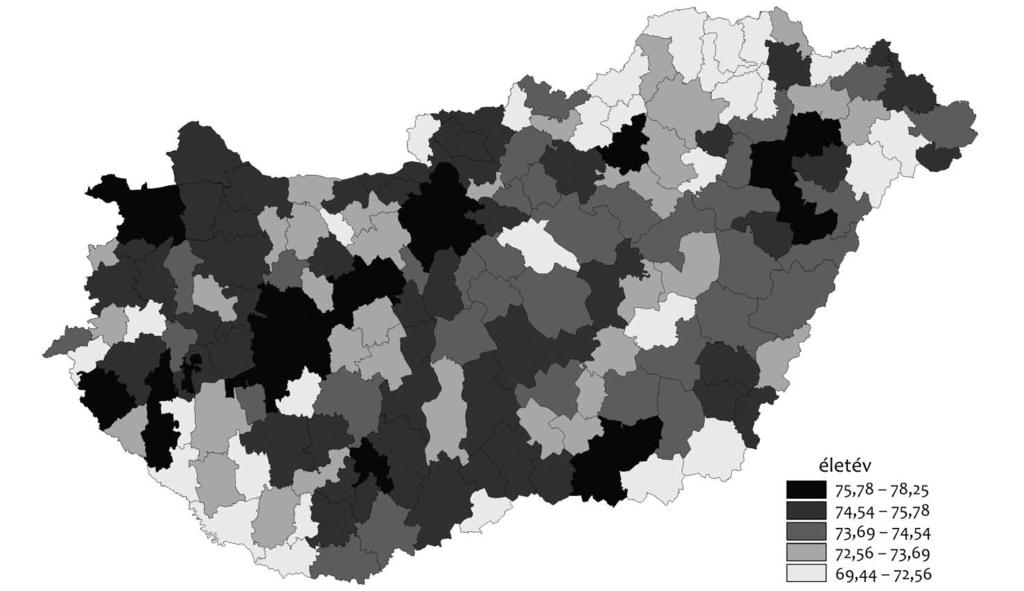 316 1. ábra A születéskor várható átlagos élettartam a két nem átlagában kistérségenként 2012-ben (Forrás: a KSH adatai alapján saját számítások) tett életévek 1 a különbség nagyobb.