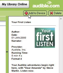 Szinkronizálás a lejátszóval 1 A számítógépen indítsa el az AudibleManager alkalmazást. 2 Csatlakoztassa a lejátszót a számítógéphez. Várjon, amíg az AudibleManager felismeri a lejátszót.