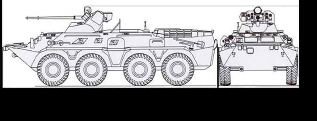 jármű fizikai méretei is (1.3. ábra): - hosszúság, - szélesség, - magasság. 1.3. ábra, A BTR 80A páncélozott harcjármű méretei.