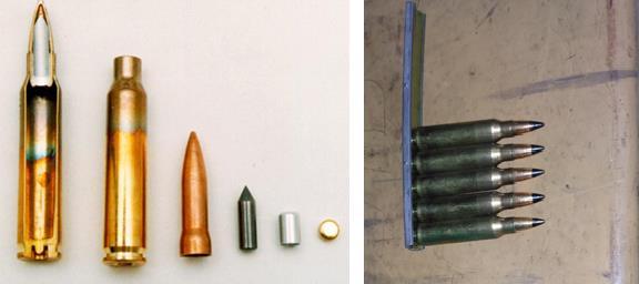 A saját méréseink alapján 15 m lőtávolságon a 11,4 mm vastagságú, 550 HB keménységű acéllemezt ötből öt alkalommal átüti. [23 o.164-165] 2.5. ábra, A jobb oldali kép az 5,56 x 45 AP M995 lőszer és felépítése [112] és a bal oldali kép a 2.