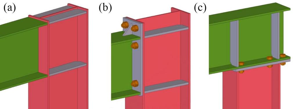 11. ábra Vizsgált keretsarok kialakítások; (a) doboz merevítéssel kialakított hegesztett kapcsolat; (b) homloklemezes csavarozott kapcsolat; (c) fordított homloklemezes kapcsolat. 11 12.