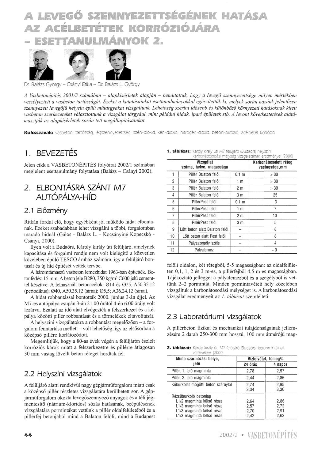 Or. Balázs György - Csányi Erika AVasbetonépítés 200113 számában alapkísérletek alapján bemlltattllk, hog)' a levegő szennyezettsége mi(ven mértékben veszé(vezteti a vasbeton tartósságát.