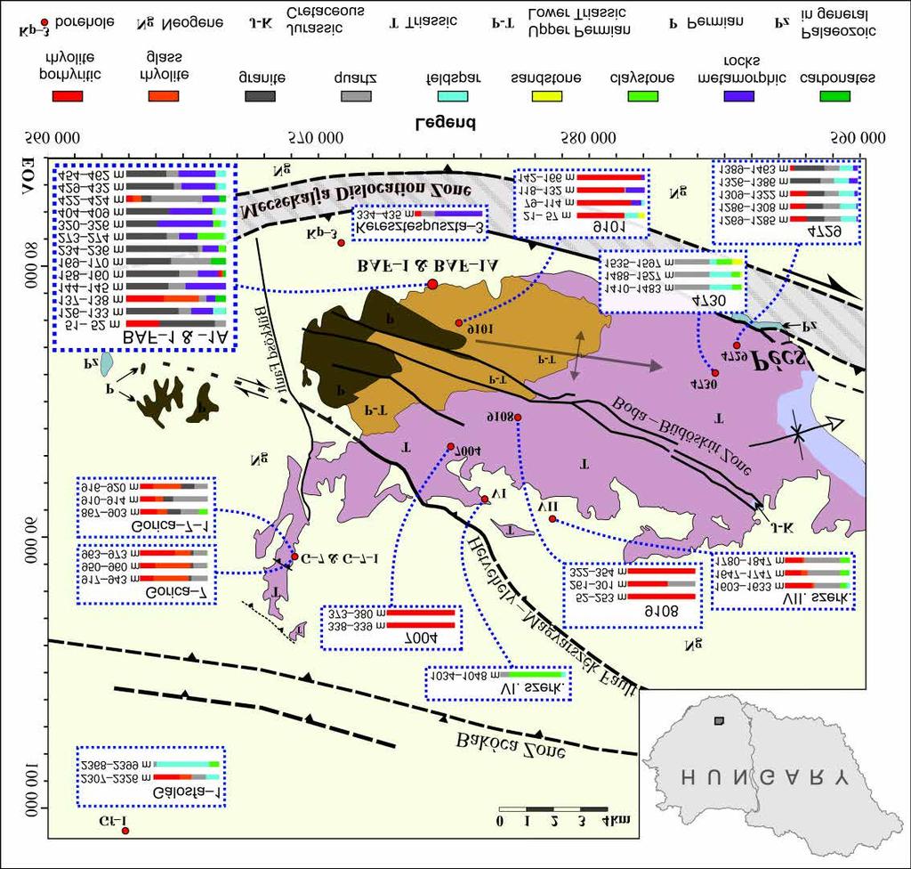 Földtani Közlöny 146/3 (2016) 225 Figure 1. The studied drill cores and their pebble distribution according to depth, illustrated on the structural geological map of KONRÁD & SEBE (2010) 1. ábra.