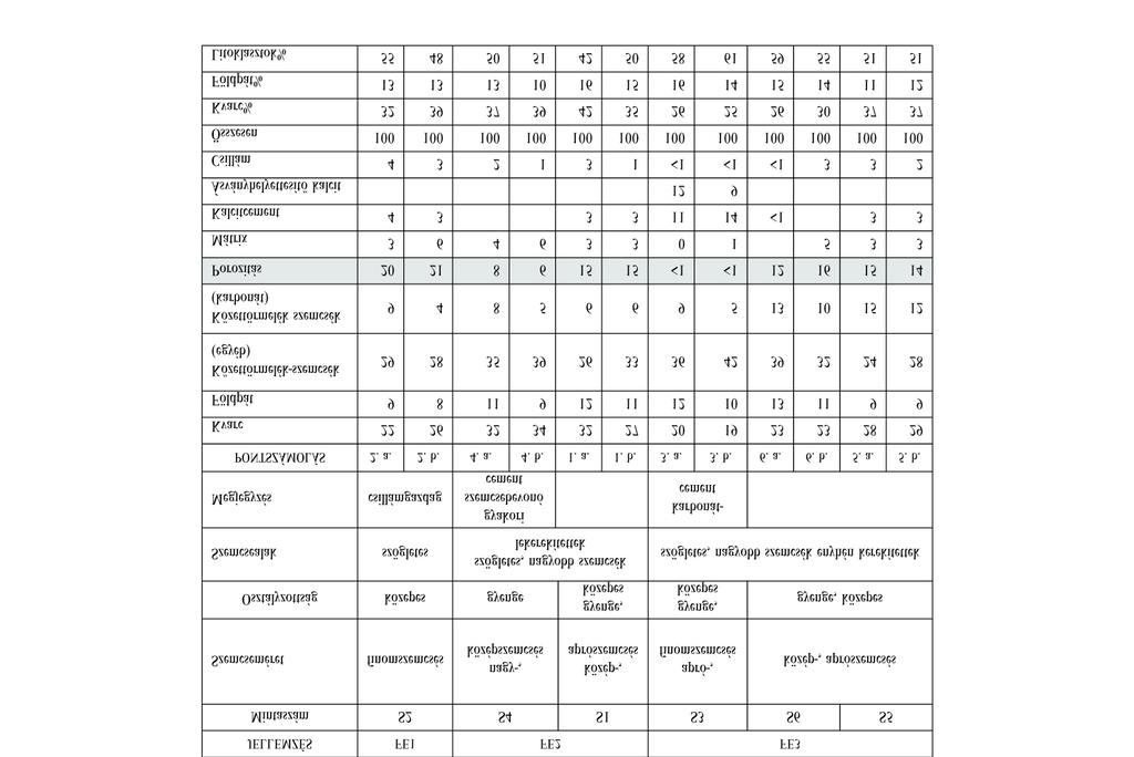 Földtani Közlöny 146/3 (2016) 263 I. táblázat. A különböző fácies együttesekből származó minták szöveti jellemzői, valamint a homokkő komponenseinek mennyiségi arányai a pontszámlálás alapján Table I.