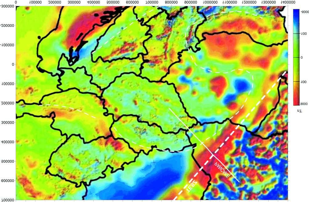 Földtani Közlöny 146/3 (2016) 285 9. ábra. A Kárpát Pannon-régió mágneses anomália térképe Vastag szaggatott vonal a TESZ vonala, vékony fehér vonalak magyarázata az 1. ábrán Figure 9.