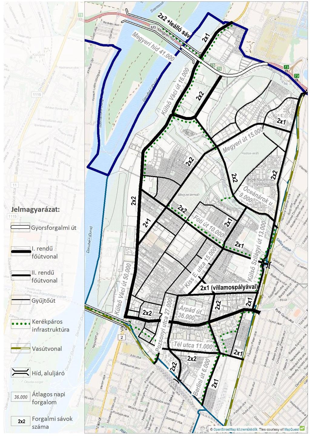 128. ábra: Közúthálózat - térkép Újpest területén, illetve annak határán a balesetveszély szempontjából meghatározó szintbeni