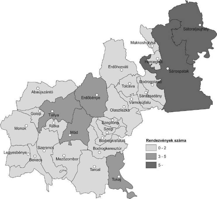 5. ábra: Tokaj-Hegyalja kulturális rendezvényeinek településenkénti eloszlása 5.