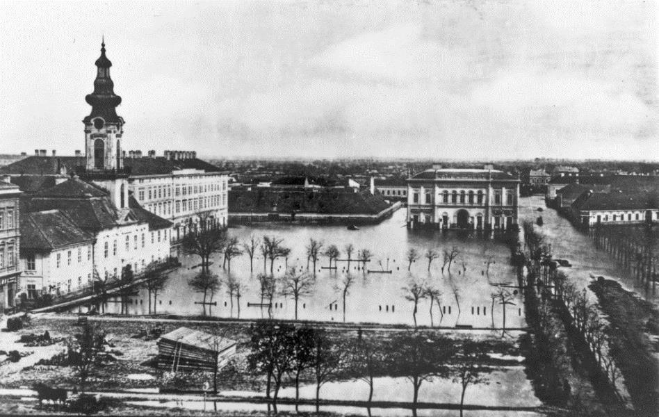Az 1879-es szegedi nagy árvíz (2) (1) Bérház, (2) városháza, (3) Zsótér-ház,