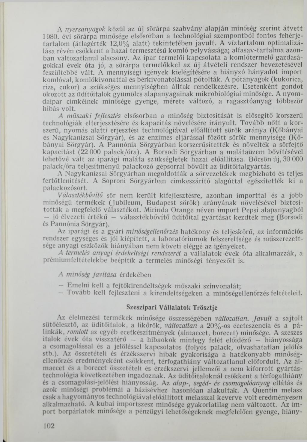 A nyersanyagok közül az új sörárpa szabvány alapján minőség szerint átvett 1980.