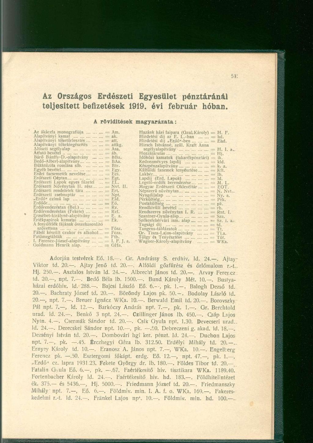 Az Országos Erdészeti Egyesület pénztáránál teljesített befizetések 1919. évi február hóban. A rövidítések magyarázata: Az ákáczfa monográfiája = Am. Alapítványi kamat = ak.