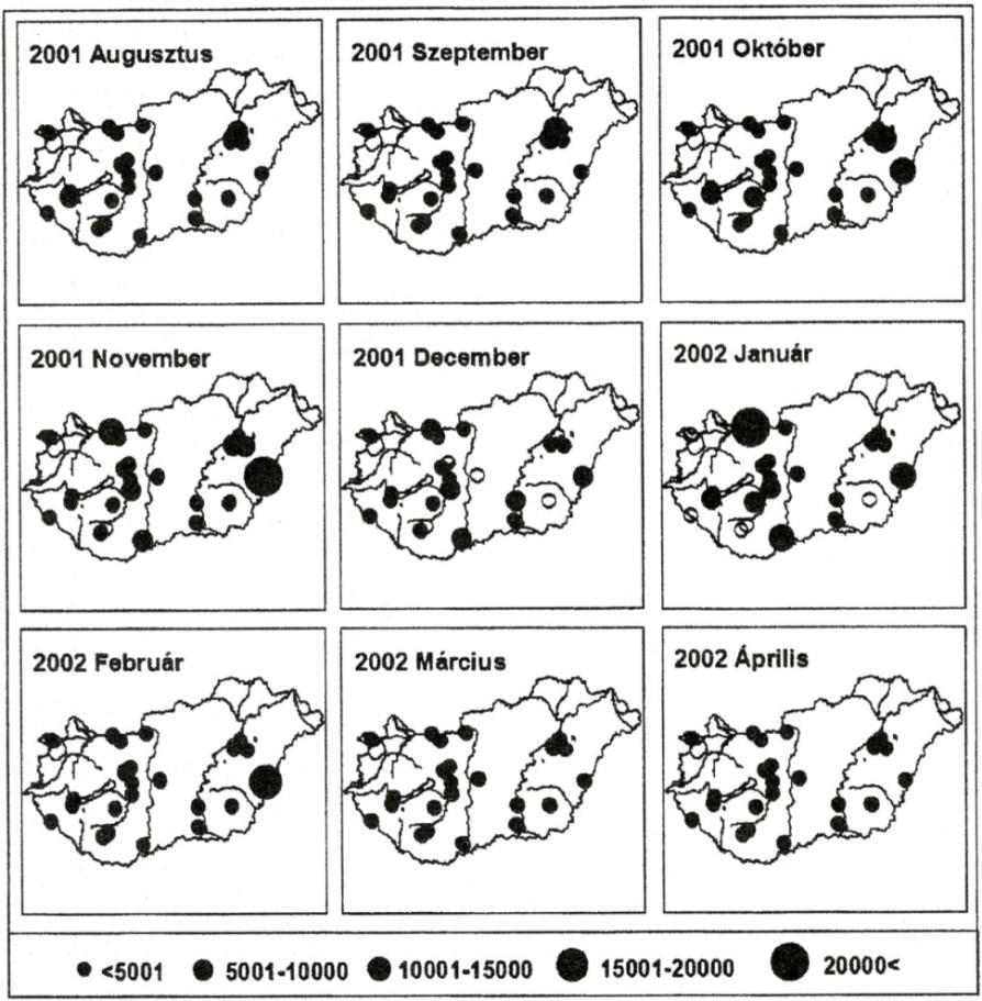 7. térkép: A tőkés réce előfordulás tér-idő mintázata Magyarországon 2001/2002-ben (FARAGÓ & GOSZTONYI, 2003) Map 7.