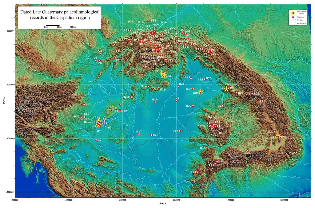 60. ábra. Korolt paleolimnológiai vizsgálati helyek a Kárpát régióban. Ezeken a szelvényeken multi-proxi vizsgálatok történtek (Buczkó et al. 2009c).
