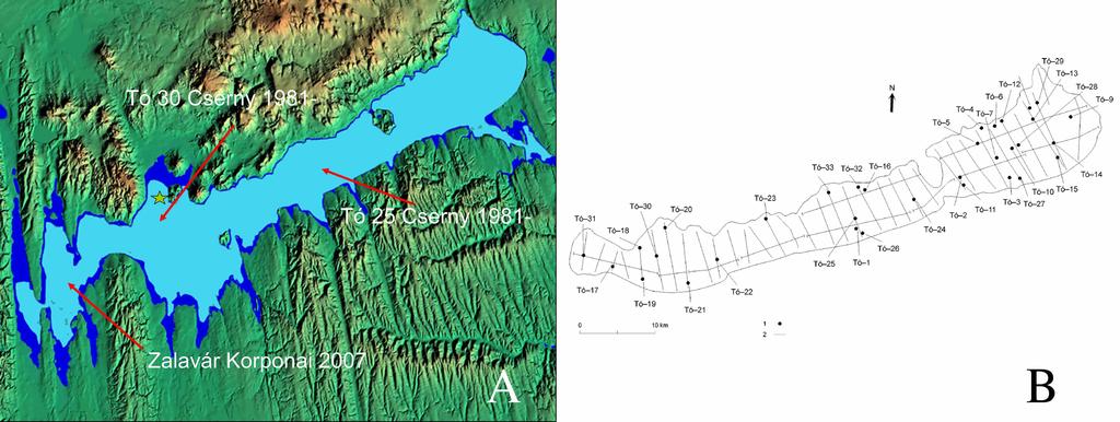 20. ábra. A dolgozatban szereplő balatoni fúrások helyei (A). Zalavári-víz, Kis-Balaton; Tó-30, Szigligeti medence; Tó-25 Szemesi medence; (Korponai et al. 2011).