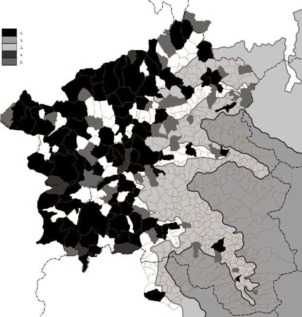 Szilágyi Ferenc 11. térkép. Alaprajz-típusok: halmaz, szabályos és átmeneti alaprajzú települések (1. fekete: halmaz, 2. sötétszürke: szabályos; 3.