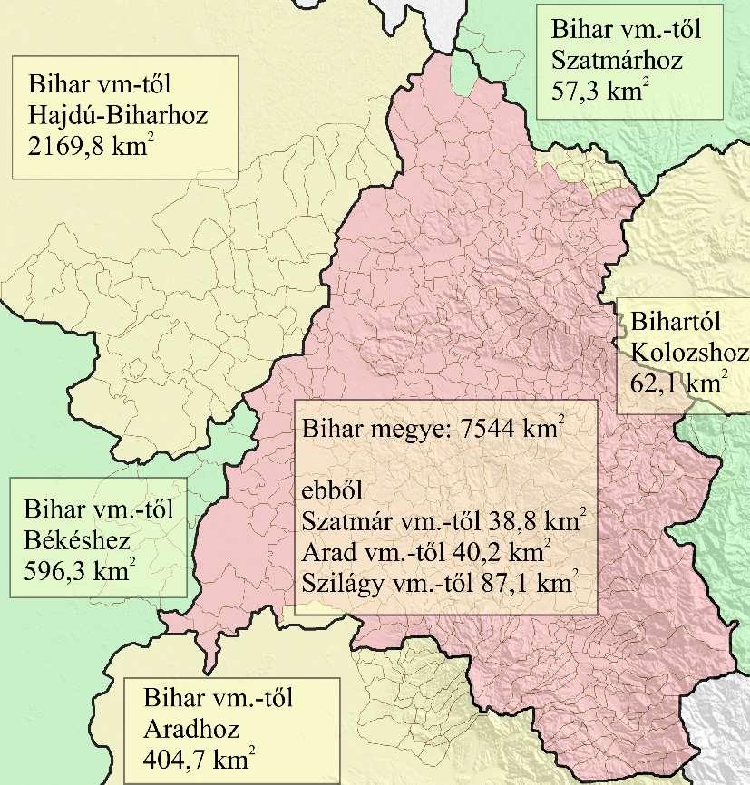 A történelmi Bihar településföldrajzának alapjai 1. térkép. A Bihar érintő területi változások a 20. században.