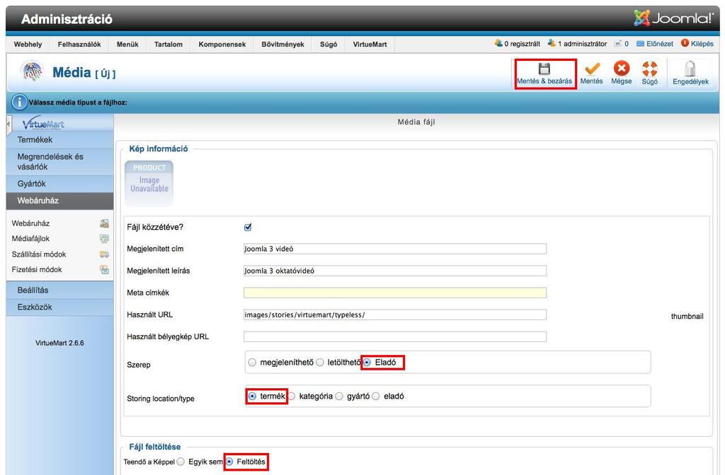 Az új médiafájl konfigarálása: Megjelenített cím: A letölthető fájl / termék címe Megjelenített leírás: Termékleírás Meta címkék: Nem kötelező, de javasolt Használt URL: Nem kell kitölteni, ha a