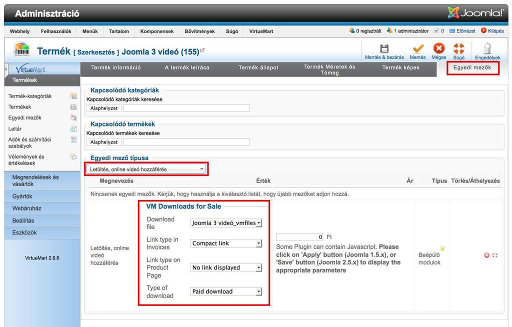 VirtueMart bővítmény letölthető termékek eladásához 4) A letölthető fájl hozzárendelése egy termékhez Válasszuk ki a Termékek listájából a letölthető fájlhoz tartozó terméket és nyissuk meg.