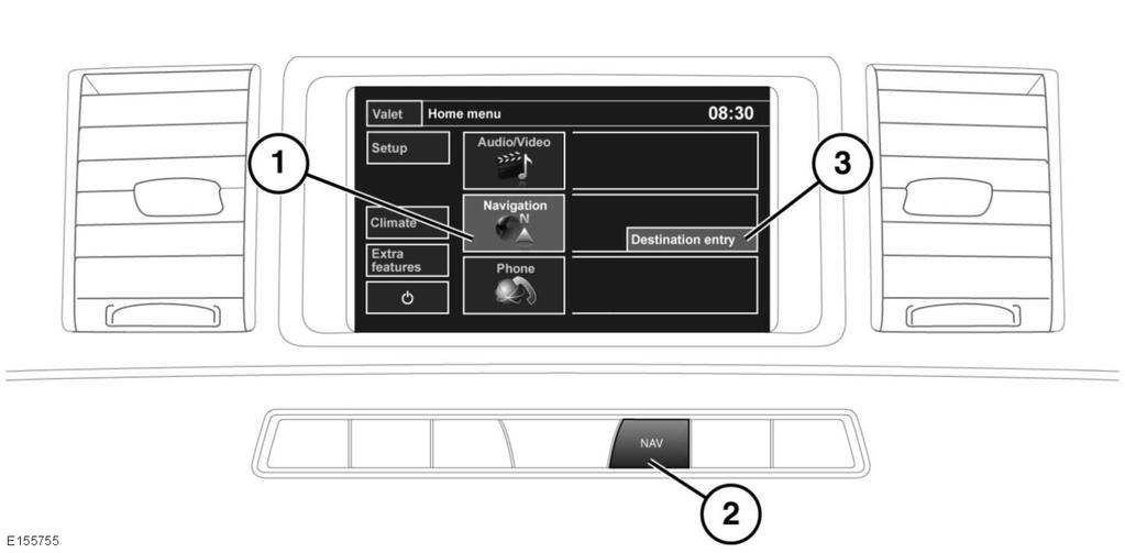 Navigációs rendszer A NAVIGÁCIÓS RENDSZER HASZNÁLATA 1. A Home menu (Főmenü) képernyőn érintse meg a Navigation (Navigáció) érintőgombot. 2. Esetleg nyomja meg a NAV gombot a műszerfalon.