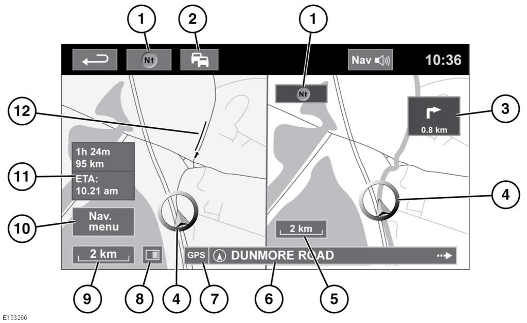 Navigációs rendszer OSZTOTT TÉRKÉP KÉPERNYŐ 1. Iránytű (mindig az északi irányt mutatja): Nyomja meg az észak felfelé, útirány felfelé vagy madártávlati térkép lehetőség kiválasztásához. 2.